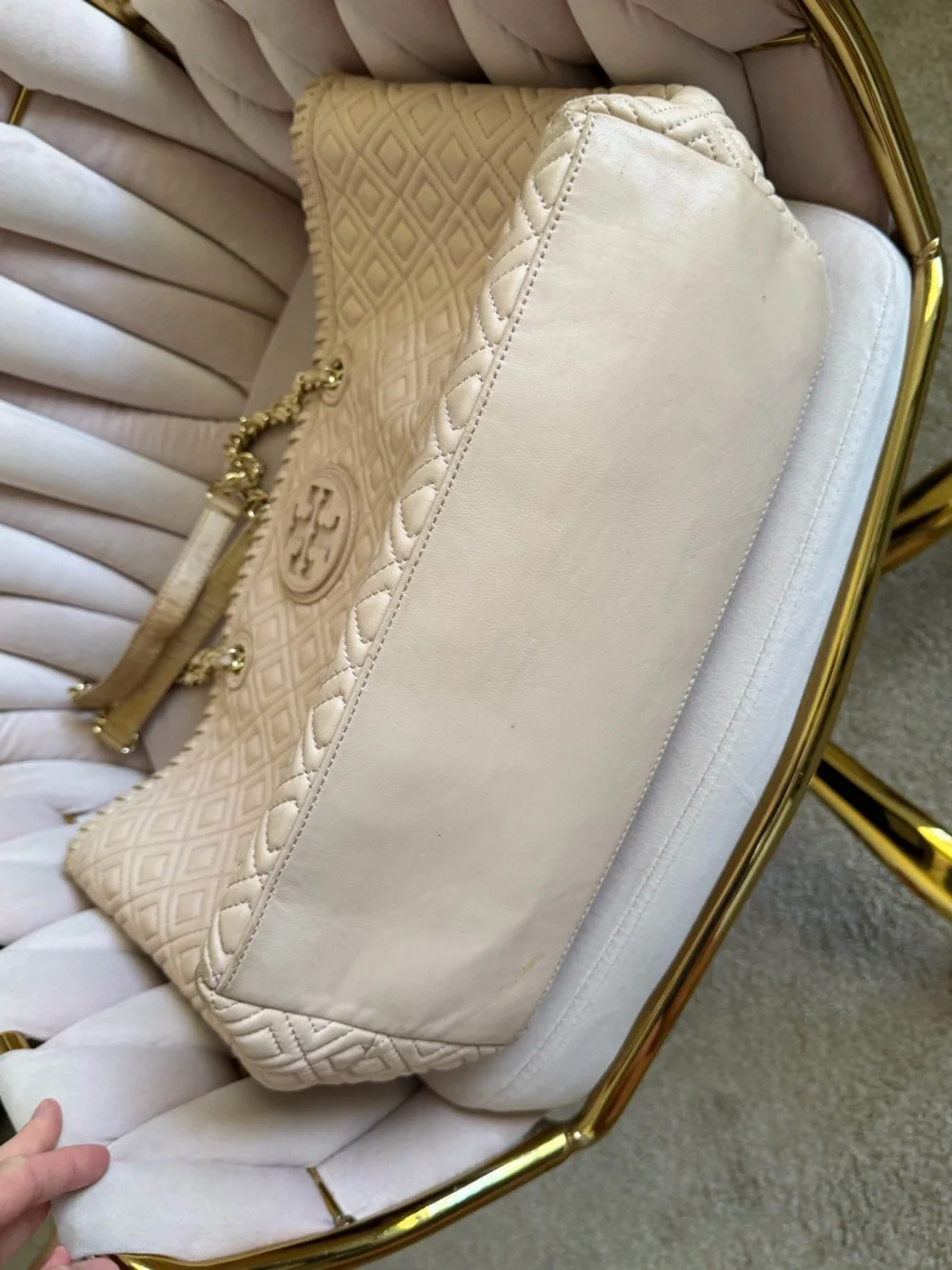 Tory Burch Marion Beige Quilted Leather Tote